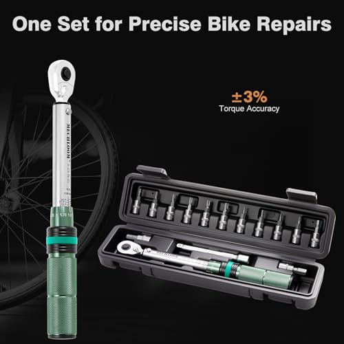 Bicycle Torque Wrench Set, 1/4-Inch, 5–25 Nm, 15-Piece Kit | Click wrench with torque control in both directions, 0.25 Nm increments, 4-inch extension, 13 bits and case.