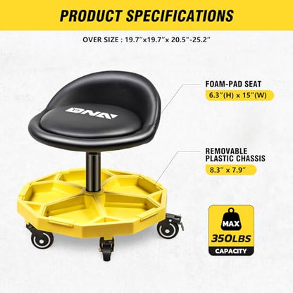 DNA Motoring 350 LBS Rolling Garage Stool, 20.5'' to 25.2'' Adjustable Height Foam-pad Seat, Round Tools Stool, Heavy Duty 3'' Wheels with 2 Brakes, TOOLS-00431 - color: Yellow