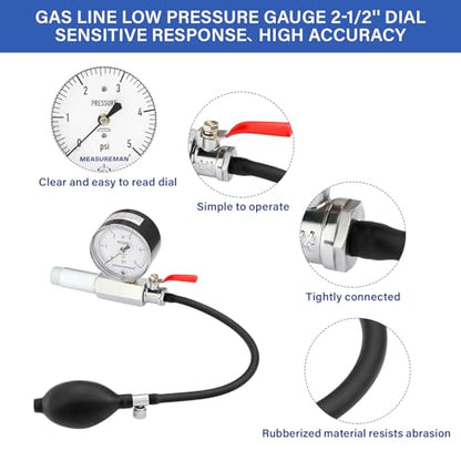 MEASUREMAN Low Pressure Gas and Water Test Kit: Gas Line Pressure Test Kit, Gas/Water, 0 to 5 psi - size: 2.5" 0-5psi & 2" 0-160psi