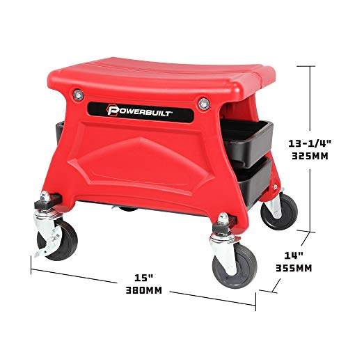 Powerbuilt Rolling Garage Seat with Tool Trays, Smooth Ball Wheel Bearing Casters 300 Pound Capacity Stool, Detailing, Motorcycle, Gardening - 240283 - style: Red, 14-Inch