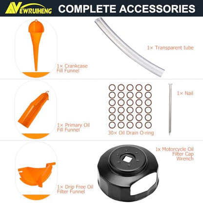 Oil Change Kit Compatible with Harley, Oil Filter Cap Wrench, Crankcase Fill Funnel, Primary Case Oil Funnel, Drip Free Oil Filter Case, Transparent Tube, Oil Drain Plug and 30PCS O-Rings Include