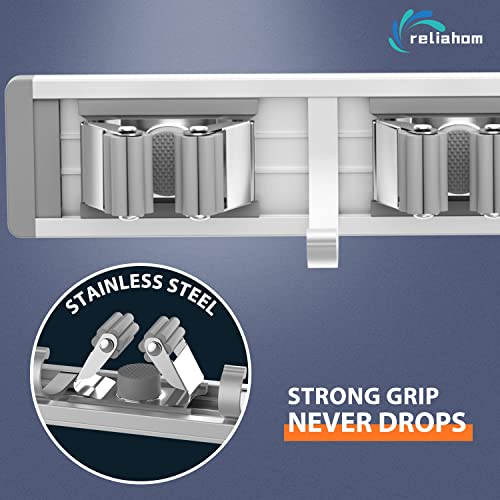 reliahom Broom Holder Wall Mount Mop Hanger Tools organizer 5Racks 4Hooks | Adjustable Mop Broom Wall Hanging Heavy duty Tools Storage Rack Space-saving for Garage,Kitchen,Laundry Room,Garden, Silver - color: Silver