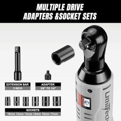 3/8" Cordless Electric Ratchet Wrench Set, 40Ft-lbs, 12V Power Ratchet Tool Kit With 2 Packs 2000mAh Lithium-Ion Battery And Charger,6 Sockets, 1/4" Adapter and 3" Extension Bar