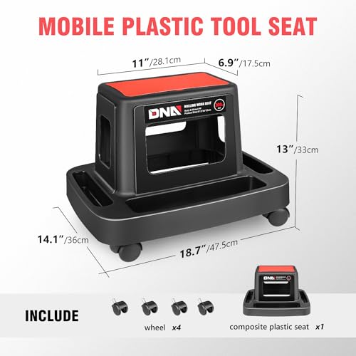 DNA Motoring Mobile Plastic Tool Seat Rolling Garage Work Stool with Under-Seat Storage & Tray for Workshop Auto Repair Shop, Red/Black, TOOLS-00367 - style: UP200lbs Red