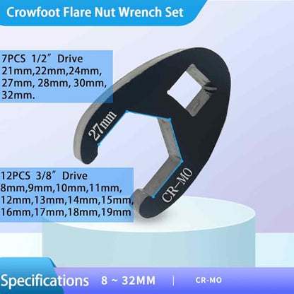 Crowfoot Flare Nut Wrench Set, 19PC Metric Tool 8 to 32 mm Sizes 3/8" & 1/2" Drive for Ratchets & Torque Wrenches(12Pcs for 3/8" drives, 8mm-19mm; 7Pcs for 1/2" drives, 21mm-32mm.