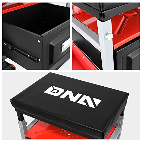 DNA Motoring TOOLS-00198 Adjustable Height Mechanics Roller Seat Creeper Stool With Padded Cushion, Tool Storage Drawer & Tray, 350 Lbs Max Weight Capacity - color: BLACK/RED