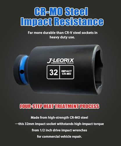 32mm Deep Impact Socket 1/2" Drive CR-MO Steel 6-Point | CR-MO steel impact socket set. 1/2" drive, 6-point design. Deep reach for lug nuts & axle nuts. - size: 32mm