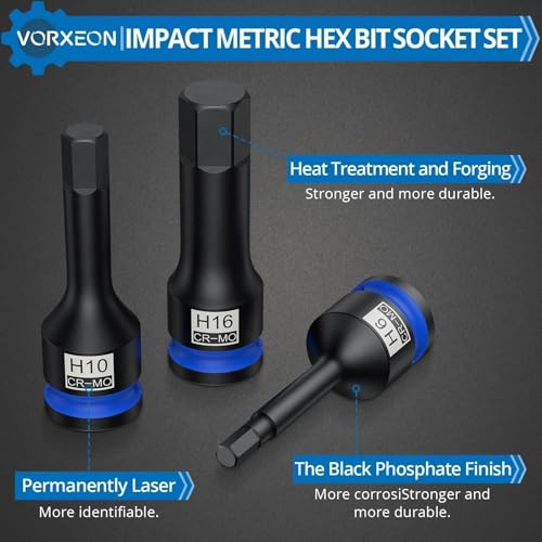 10 Pcs 1/2" Drive Metric Impact Allen Hex Bit Socket Set 42 Cr-Mo 5mm - 19mm One-piece construction with Storage case for Automotive repair - size: Hex Metric