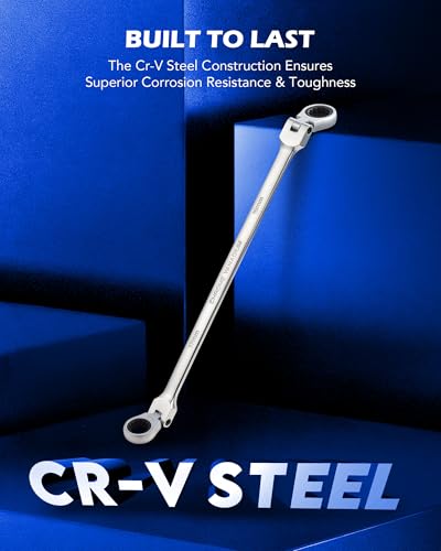 OMT 6Pc Metric Extra Long Flex-Head Ratcheting Wrench Set, 8-19mm Range | Durable 40CrV Steel Build; 72-Tooth Gearing; 180° Rotating Flex-Head; 12-Point Design; High-Torque Performance For Mechanics
