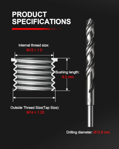 Kolvoii M12 X 1.5 Metric Thread Repair Kit with HSS Drill Bit, Tap, Counterbore and Installation Tool, 10 Solid 304 Stainless Steel Thread Inserts, 9.2mm Length, for Automotive and DIY Repairs - size: M12x1.5x9.2mm