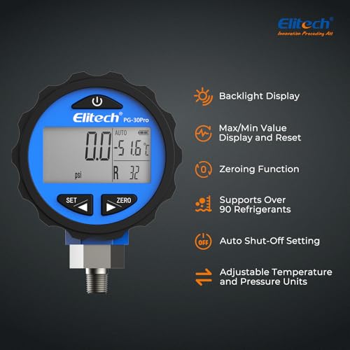 Elitech PG-30Pro Blue Refrigeration HVAC Digital Pressure Gauge -14.5-500 PSI 1/8'' NPT - size: -14.5-500 PSI, style: 1/8'' NPT