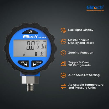 Elitech PG-30Pro Blue Refrigeration HVAC Digital Pressure Gauge -14.5-500 PSI 1/8'' NPT - size: -14.5-500 PSI, style: 1/8'' NPT