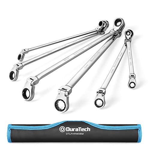 DURATECH Extra Long Flex-Head Ratcheting Wrench Set, Double Box End Wrench Set, 6-Piece, Metric 8-19 mm, CR-V Steel, with Pouch - size: 8-19mm
