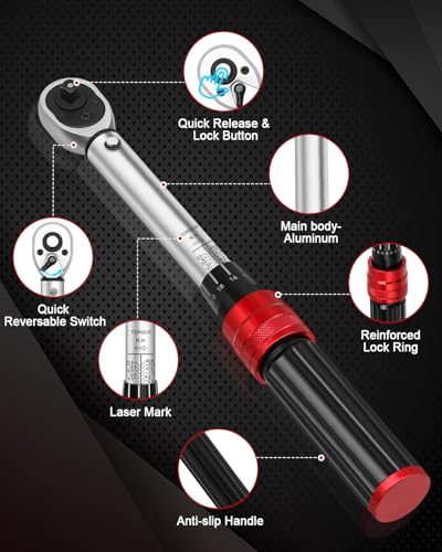 1/4inch Drive Torque Wrench Set, 32-Piece 20-220 in.lb (2.3-25 Nm) Click Bicycle Torque Wrench with Bit Sockets, 0.1 Nm Micro, 72-Tooth Ratchet, 3/8 Adapter, for MTB, E-Bike, Motorcycle - size: 10-220 In.Lb, style: 1/4-Inch