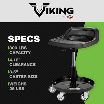 AFF Viking Rolling Shop Stool - Garage Stool on Wheels for Mechanics - Ergonomic Padded Seat - Tool Organizer Tray - 300 lbs Capacity (Multiple Styles) - style: Tractor Style Roller Seat