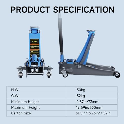Larbanke 3 Ton（6600lbs） Hydraulic Floor Jack, Lifting Range 2.87"-19.69",Heavy Duty Low Profile Jack with Dual Piston Quick Lift Pump, Heavy Duty Steel Floor Jack for Cars, SUVs and Trucks - size: 497MM-3T