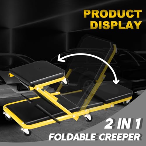 Low Profile Creeper with 6 Swivel Casters and Waterproof Seat Cushion, 36" Foldable Creeper for Garage Shop Warehouse, 2 in 1 Under Car Creeper Seat 330lbs Max Weight Capacity, Yellow