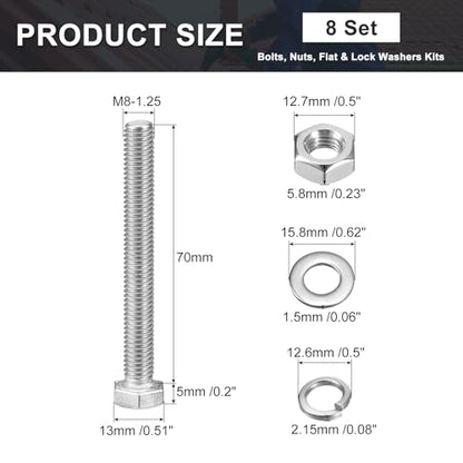 uxcell M8 x 70mm Hex Head Screws Bolts, Nuts, Flat & Lock Washers Kits, 304 Stainless Steel Fully Thread Hexagon Bolts 8 Sets - size: M8 x 70mm