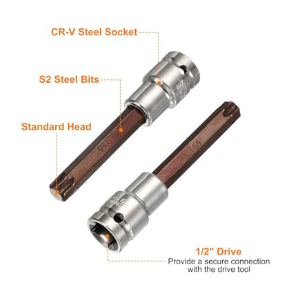 HARFINGTON 2Pcs Torx Bit Socket 1/2" Drive T55 S2 Steel 6 Point Head Long Screwdriver Drill Bits CR-V Steel Socket Adapter for Home Auto Axle Hex Nuts Bolts Repair - size: T55