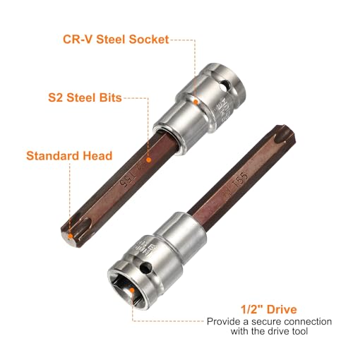 HARFINGTON Torx Bit Socket 1/2" Drive T55 S2 Steel 6 Point Head Long Screwdriver Drill Bits CR-V Steel Socket Adapter for Home Auto Axle Hex Nuts Bolts Repair - size: T55