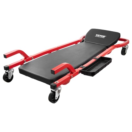 VEVOR Mechanic Garage Creeper, 44-Inch, 300 lbs Capacity Automotive Rolling Creeper with 6 Casters Adjustable Cushioned Headrest Tool Tray, Heavy Duty Steel Frame for Garages, Repair Shops, and DIY - color: Red