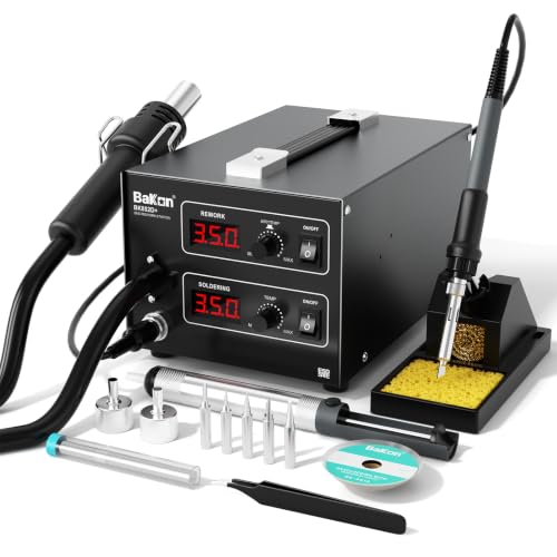 Bakon 852d+ Heat Gun And Soldering Iron 2-In-1 Kit, Smd Hot Air Rework Soldering Station, Multiple Functions Electronics Kit, Led Digital Display, Knob Type Adjustable Temperature - color: Blue