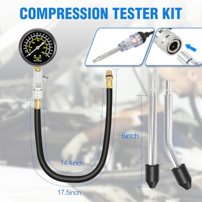 BETOOLL 14pcs Compression Tester with Spark Plug Tester & Brake Fluid Liquid Tester Pen - 300PSI Engine Cylinder Compression Gauge Automotive Tool - size: Premium