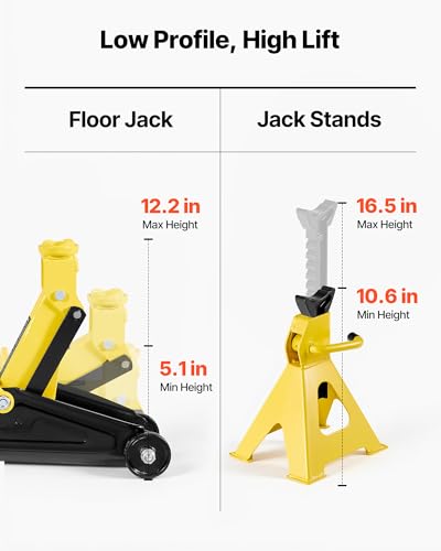 VEVOR Low Profile Floor Jack, 2 Ton (4400 lbs) Capacity, Steel Racing Floor Jack with Stands, Single Piston Quick Lift Pump, Hydraulic Trolley Car Lift for Compact SUVs, Lifting Range 5.1-12.2 Inches