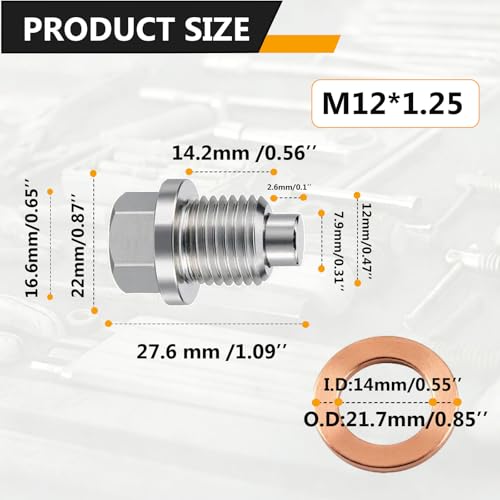 M12x1.25 Magnetic Stainless Steel Oil Drain Plug Kit Fits Cars Motorcycles | CHENACC 1PCS Oil Pan Drain Nut Bolt with 5 PCS Copper Gasket, Compatible with Most Boats Cars and Motorcycles - size: M12*1.25
