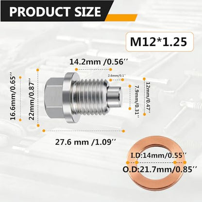M12x1.25 Magnetic Stainless Steel Oil Drain Plug Kit Fits Cars Motorcycles | CHENACC 1PCS Oil Pan Drain Nut Bolt with 5 PCS Copper Gasket, Compatible with Most Boats Cars and Motorcycles - size: M12*1.25