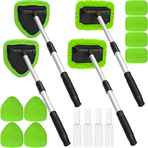 Beieverluck 20 Pieces Windshield Cleaner Tool, Inside Car Windshield Cleaning Tool with 12 Microfiber Pads, 4 Spray Bottle, and Extendable Handles Car Window Cleaning Tool Kit, Green - color: green