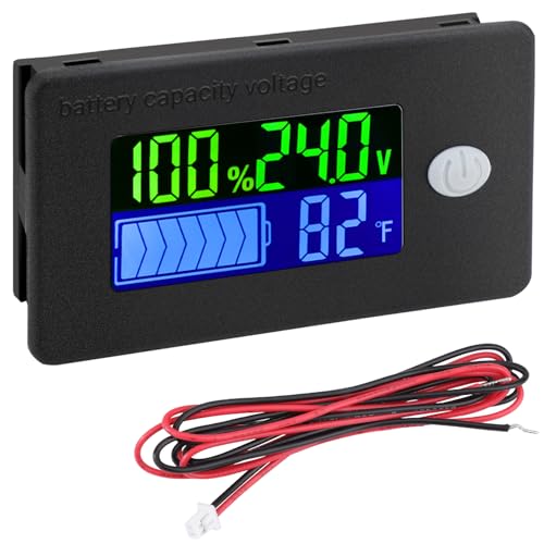 DROK 24V Battery Meter, 10-100V Voltage Battery Capacity Fahrenheit Temperature Monitor Power Percentage Indicator for Car Marine - size: 24V