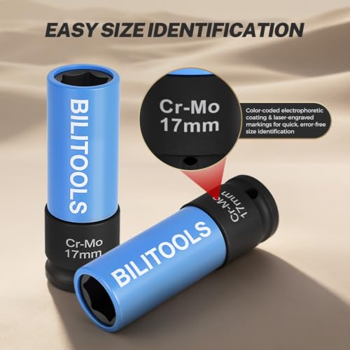 BILITOOLS 17mm Lug Nut Socket, 1/2" Drive Thin Wall Impact Socket | Non-Marring Sleeve, 6-Point Cr-Mo Wheel Socket for Tire Changes, Rims and Auto Repair - size: 17MM