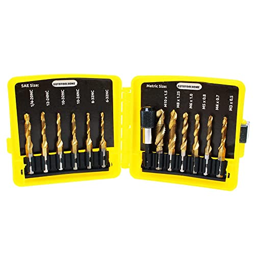 13 Pack Titanium Drill Tap Bit Set, SAE Metric Tap Drill Bits for Metal | Combination Tap Drill Bits for Drilling, Tapping, Deburring and Countersinking Screw Thread with Quick Change Bit Holder