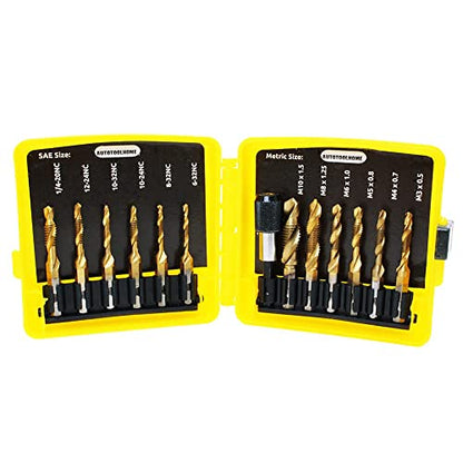 13 Pack Titanium Drill Tap Bit Set, SAE Metric Tap Drill Bits for Metal | Combination Tap Drill Bits for Drilling, Tapping, Deburring and Countersinking Screw Thread with Quick Change Bit Holder