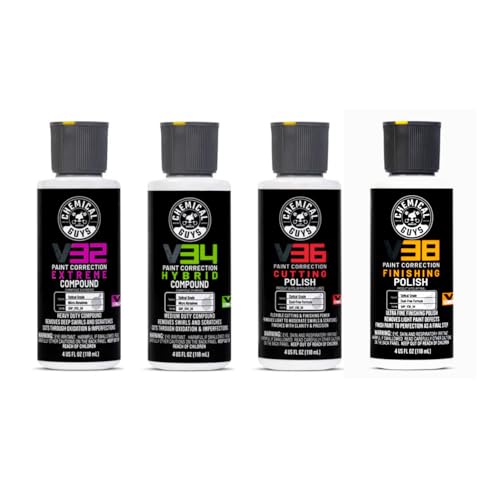 Chemical Guys, V-Line Polish & Compound Sample Kit, V32 V34 V36 V38, 4 oz | V32, V34, V36 and V38 in 4 oz sizes to cut light to heavy swirls and scratches, a full correction sampler - size: 4 oz (4-Pack)