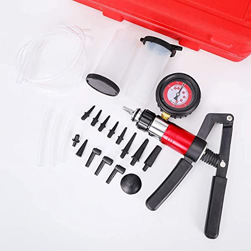 23PCS Handheld Vacuum Pump Tester Brake Bleeder Kit Brake System Bleeding Tools with Adapters and 2 Reservoir Bottles Automotive Brake for Car Truck Motorcycle（Red）