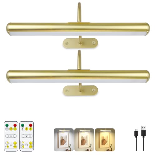 Set of 2 Picture Lights on Wall Rechargeable and Remote, Full Metal Painting Light with 3 Lighting Colors Brightness Dimmable and Timer Auto-OFF, Above Artwork Dartbord Display Gallery Portrait - color: Gold, size: 13inch Gooseneck 2-Pack