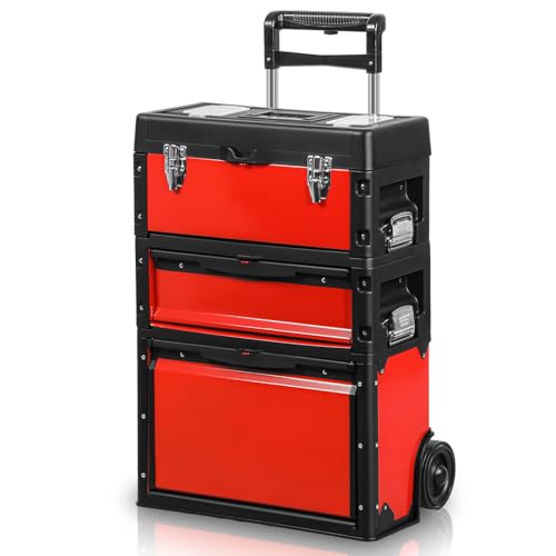 Magshion Heavy-Duty Rolling Tool Box, 3-Tier Stackable Tool Chest System with Wheels & Drawers, Modular Organizer for Small Parts and Tools, Mobile Garage Workshop Storage in Black/Red - color: Black/Red