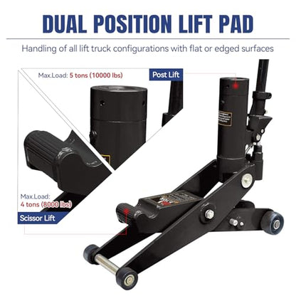 Hydraulic Forklift Jack 5 Ton (10,000 lb) Capacity, Dual Position Forklift Service/Hydraulic Floor Jack Black for Truck Tractor, Lifting Range 2.76"-28.74"
