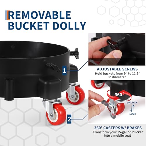 GarveeTech 5 gal Car Wash Bucket Kit 300 LBS Capacity - Includes Grit Trap, 5-Caster Dolly, Rubber Handle & Lid, Professional Detailing Kit for Auto Cleaning, Transparent