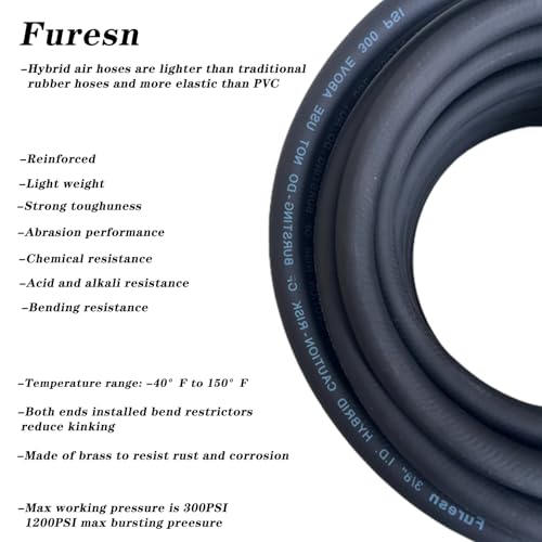 Truck Tire Inflator Kit, 3/8 in x 50 ft Hybrid Air Hose with Glad Hand & Air Chuck, Heavy Duty, Lightweight, Kink Resistant, 300 PSI (Black)