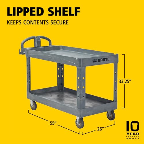 Rubbermaid Commercial Products BRUTE Heavy Duty 2-Shelf Utility/Service Cart, Large, Lipped Shelves, Ergonomic Handle, 750 lbs. Capacity, Black, for Warehouse/Garage/Cleaning/Maintenance/Stadiums - color: Gray, size: Large, style: 2-Shelf