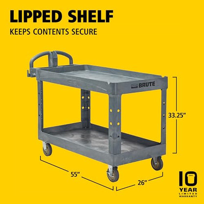 Rubbermaid Commercial Products BRUTE Heavy Duty 2-Shelf Utility/Service Cart, Large, Lipped Shelves, Ergonomic Handle, 750 lbs. Capacity, Black, for Warehouse/Garage/Cleaning/Maintenance/Stadiums - color: Gray, size: Large, style: 2-Shelf