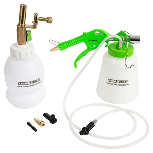 OEMTOOLS 22505 1L Pneumatic Brake Bleeder Kit with Refill Bottle, Single-Person Brake Fluid Bleeder Kit, Use for Disc and Drum Brakes, Universal Rubber Fitting, Uses Standard Workshop Air Supply - style: 1 liter