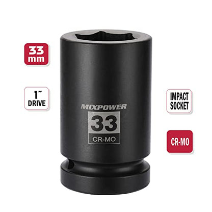 MIXPOWER 2 Pieces 1 Inch Drive Deep Impact Socket, CR-MO, 33mm, 6 Point, Radius Corner Design, Axle Nut Impact Grade Socket for Easy Removal, 2PCS Set - size: 33mm (2 Pieces)