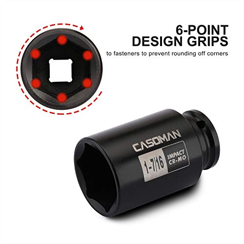 CASOMAN 6-Point 1/2-Inch Drive Deep Impact Socket- 1-7/16" (SAE), CR-MO, 1/2-inch Drive 6 Point Axle Nut Socket for Easy Removal of Axle Shaft Nuts (1-7/16") - size: 1-7/16 inch (SAE), style: 6-Point Socket