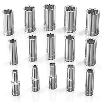 Olsa Tools SAE Deep Socket Set - 1/2-Inch Drive, 18pc - 6-Point Chrome Sockets from 3/8" to 1-1/4" and No Skipped Sizes - Mechanic Deep SAE Socket Set - Professional Grade Long Sockets - Part: 1319 - color: Sae Deep, size: 15pc, 1/2-Inch Drive