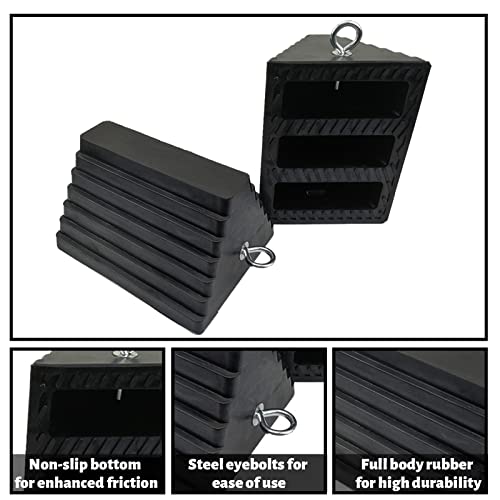 ROBLOCK 2 Pack Wheel Chocks Rubber Heavy Duty Black with Eyebolt, 9" Length x 7.1" Width x 5.5" Height, for Cars, RVs, Trucks, Trailers, and Vehicles, Anti-Slip Design Tire Chock for All Weather Use - color: 2 Pc Large with Eyebolt