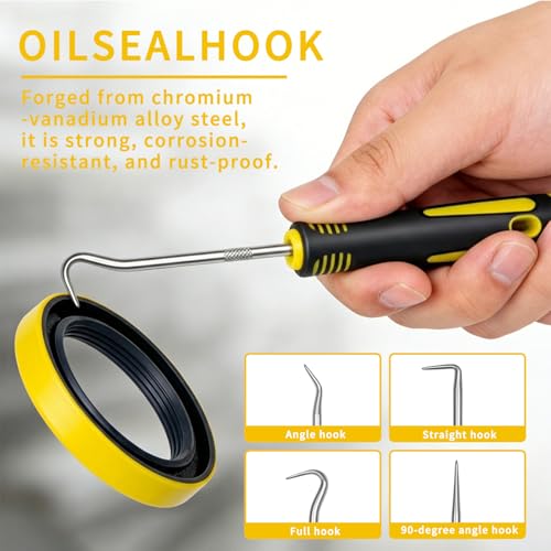 4-Piece Precision Hook and Pick Set - Automotive O-Ring Remover & Oil Seal Puller Tool Kit, Mechanic Hand Tools for Gaskets, Springs & Wires, 6.5 Inch Heat-Treated Shafts with Ergonomic Grip(Yellow) - color: Yellow